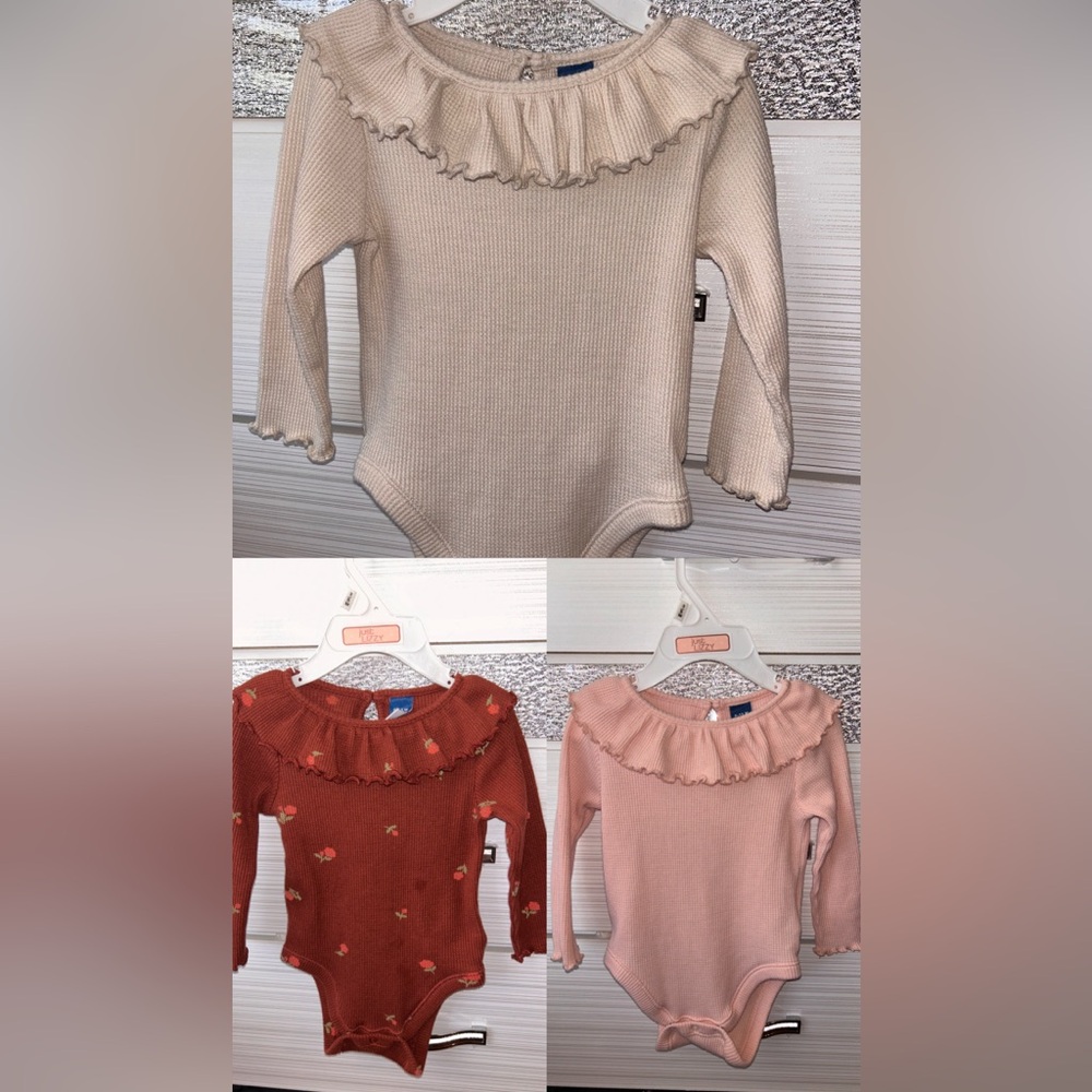 Ruffled Long Sleeve Baby Bodysuits - Cream, Pink, and Red